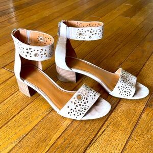 Franco Sarto open toe low heel zip back suede sandal